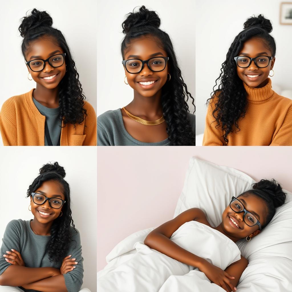 Create a series of realistic images of a beautiful black girl with the same face, wearing attractive clothes, smiling, and wearing glasses