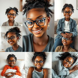 Create a series of realistic images of a beautiful black girl with the same face, wearing attractive clothes, smiling, and wearing glasses