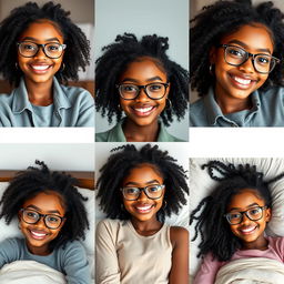 Create a series of realistic images of a beautiful black girl with the same face, wearing attractive clothes, smiling, and wearing glasses