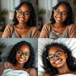 Create a series of realistic images of a beautiful black girl with the same face, wearing attractive clothes, smiling, and wearing glasses