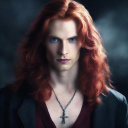 Create a mysterious and captivating image of a handsome young adult with long red hair, wearing a cross necklace