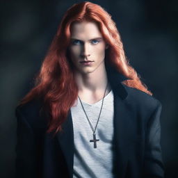 Create a mysterious and captivating image of a handsome young adult with long red hair, wearing a cross necklace