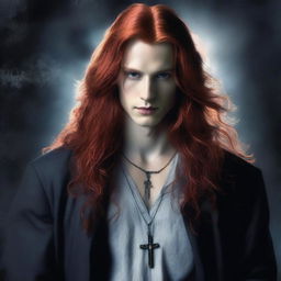 Create a mysterious and captivating image of a handsome young adult with long red hair, wearing a cross necklace