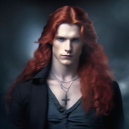 Create a mysterious and captivating image of a handsome young adult with long red hair, wearing a cross necklace