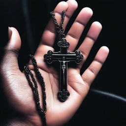 Create a mysterious and dark image of a hand holding a cross necklace