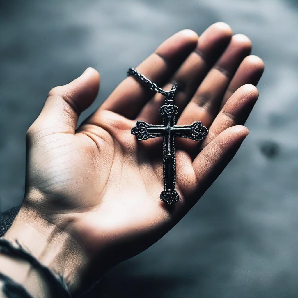 Create a mysterious and dark image of a hand holding a cross necklace