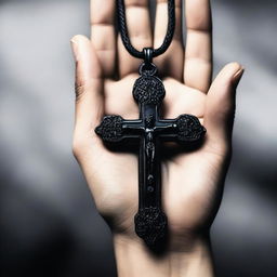 Create a mysterious and dark image of a hand holding a cross necklace