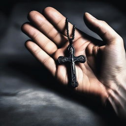 Create a mysterious and dark image of a hand holding a cross necklace