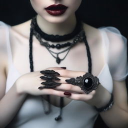 Create an image of a hand holding a necklace, with a vampire and mysterious vibe