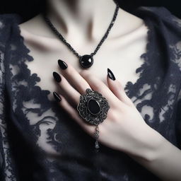 Create an image of a hand holding a necklace, with a vampire and mysterious vibe