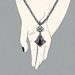 Create an image of a hand holding a necklace, with a vampire and mysterious vibe