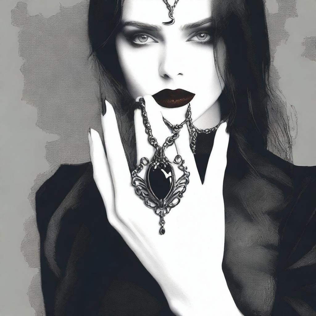 Create an image of a hand holding a necklace, with a vampire and mysterious vibe