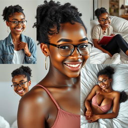 Create a series of realistic images of a beautiful black girl with the same face, wearing attractive clothes, smiling, and wearing glasses