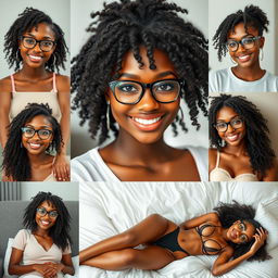 Create a series of realistic images of a beautiful black girl with the same face, wearing attractive clothes, smiling, and wearing glasses