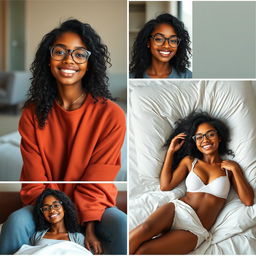 Create a series of realistic images of a beautiful black girl with the same face, wearing attractive clothes, smiling, and wearing glasses