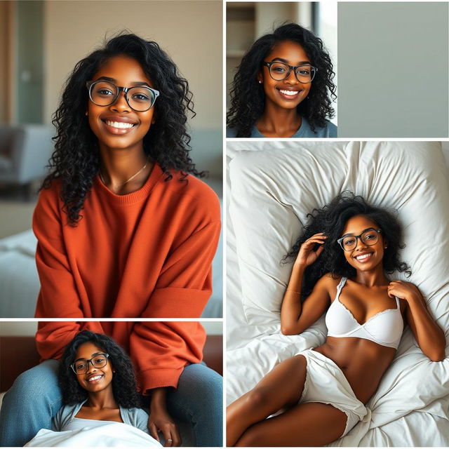 Create a series of realistic images of a beautiful black girl with the same face, wearing attractive clothes, smiling, and wearing glasses