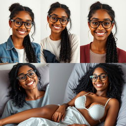 Create a series of realistic images of a beautiful black girl with the same face, wearing attractive clothes, smiling, and wearing glasses