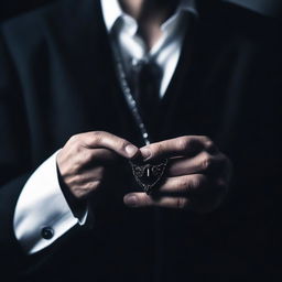 Create an image of a man's hand holding a necklace, with a vampire vibe and a sense of mystery