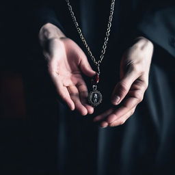 Create an image of a man's hand holding a necklace, with a vampire vibe and a sense of mystery