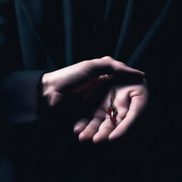 Create an image of a man's hand holding a necklace, with a vampire vibe and a sense of mystery