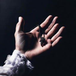 Create an image of a man's hand holding a necklace, with a vampire vibe and a sense of mystery