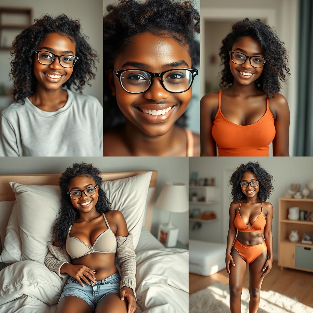 Create a series of realistic images of a beautiful black girl with the same face, wearing attractive clothes, smiling, and wearing glasses