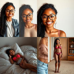 Create a series of realistic images of a beautiful black girl with the same face, wearing attractive clothes, smiling, and wearing glasses