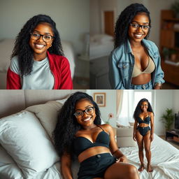 Create a series of realistic images of a beautiful black girl with the same face, wearing attractive clothes, smiling, and wearing glasses