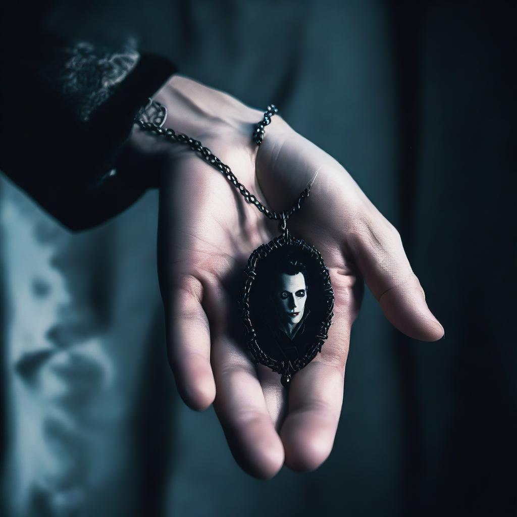 Create an image of a man's hand holding a necklace, with a vampire vibe