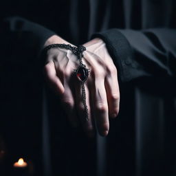 Create an image of a man's hand holding a necklace, with a vampire vibe