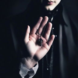 Create an image of a man's hand holding a necklace, with a vampire vibe