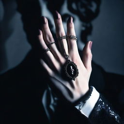 Create an image of a man's hand holding a necklace, with a vampire vibe