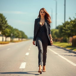 A beautiful woman in a stylish outfit walking confidently down a road