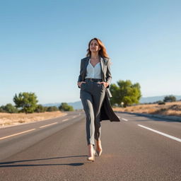 A beautiful woman in a stylish outfit walking confidently down a road