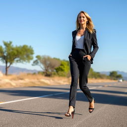 A beautiful woman in a stylish outfit walking confidently down a road