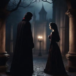 Create a romantic image featuring a vampire couple in a dark, mysterious setting