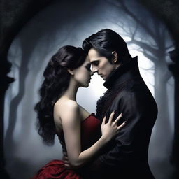 Create a romantic image featuring a vampire couple in a dark, mysterious setting