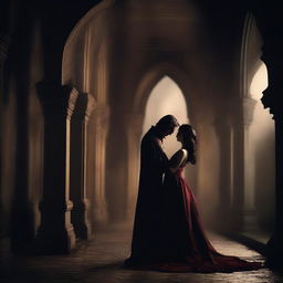 Create a romantic image featuring a vampire couple in a dark, mysterious setting