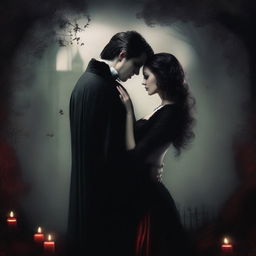 Create a romantic image featuring a vampire couple in a dark, mysterious setting