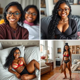 Create a series of realistic images of a beautiful black girl with the same face, wearing attractive clothes, smiling, and wearing glasses