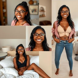 Create a series of realistic images of a beautiful black girl with the same face, wearing attractive clothes, smiling, and wearing glasses