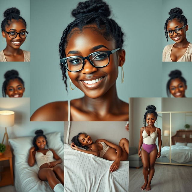 Create a series of realistic images of a beautiful black girl with the same face, wearing attractive clothes, smiling, and wearing glasses