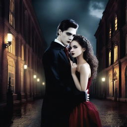 Create a romantic scene featuring a vampire and a high school student in a dark, moody setting