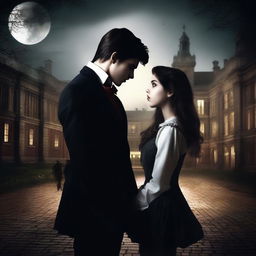 Create a romantic scene featuring a vampire and a high school student in a dark, moody setting