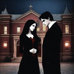 Create a romantic scene featuring a vampire and a high school student in a dark, moody setting