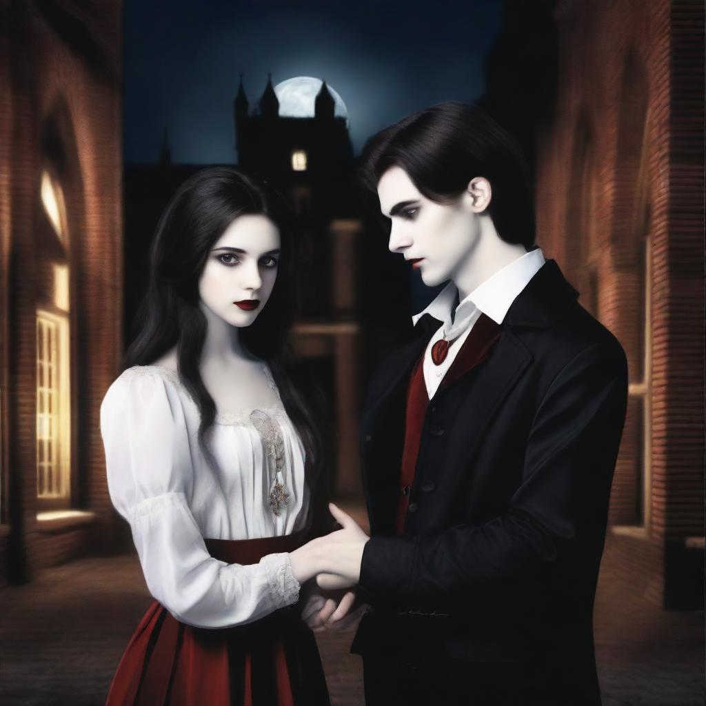 Create a romantic scene featuring a vampire and a high school student in a dark, moody setting