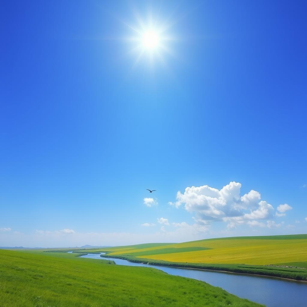 Create an image of a serene landscape with a clear blue sky, lush green fields, and a calm river flowing through the scene