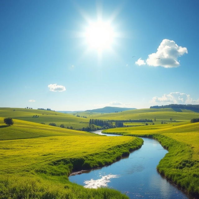 Create an image of a serene landscape with a clear blue sky, lush green fields, and a calm river flowing through the scene