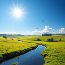 Create an image of a serene landscape with a clear blue sky, lush green fields, and a calm river flowing through the scene