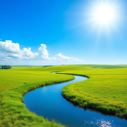 Create an image of a serene landscape with a clear blue sky, lush green fields, and a calm river flowing through the scene